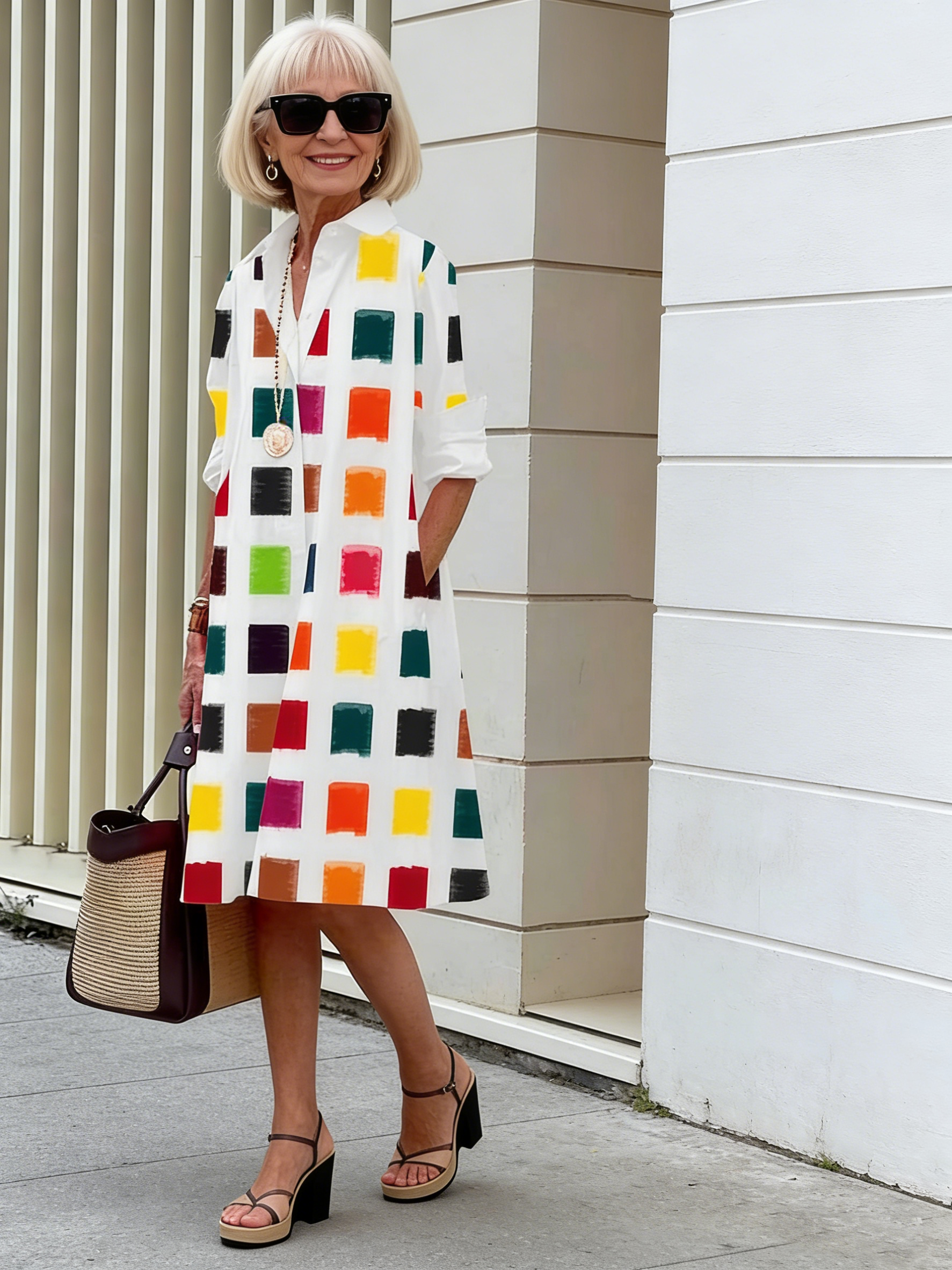 Holiday Bohemian Maxi DressDot Printed Mid-Length Long Sleeve Shirt Dress for Women