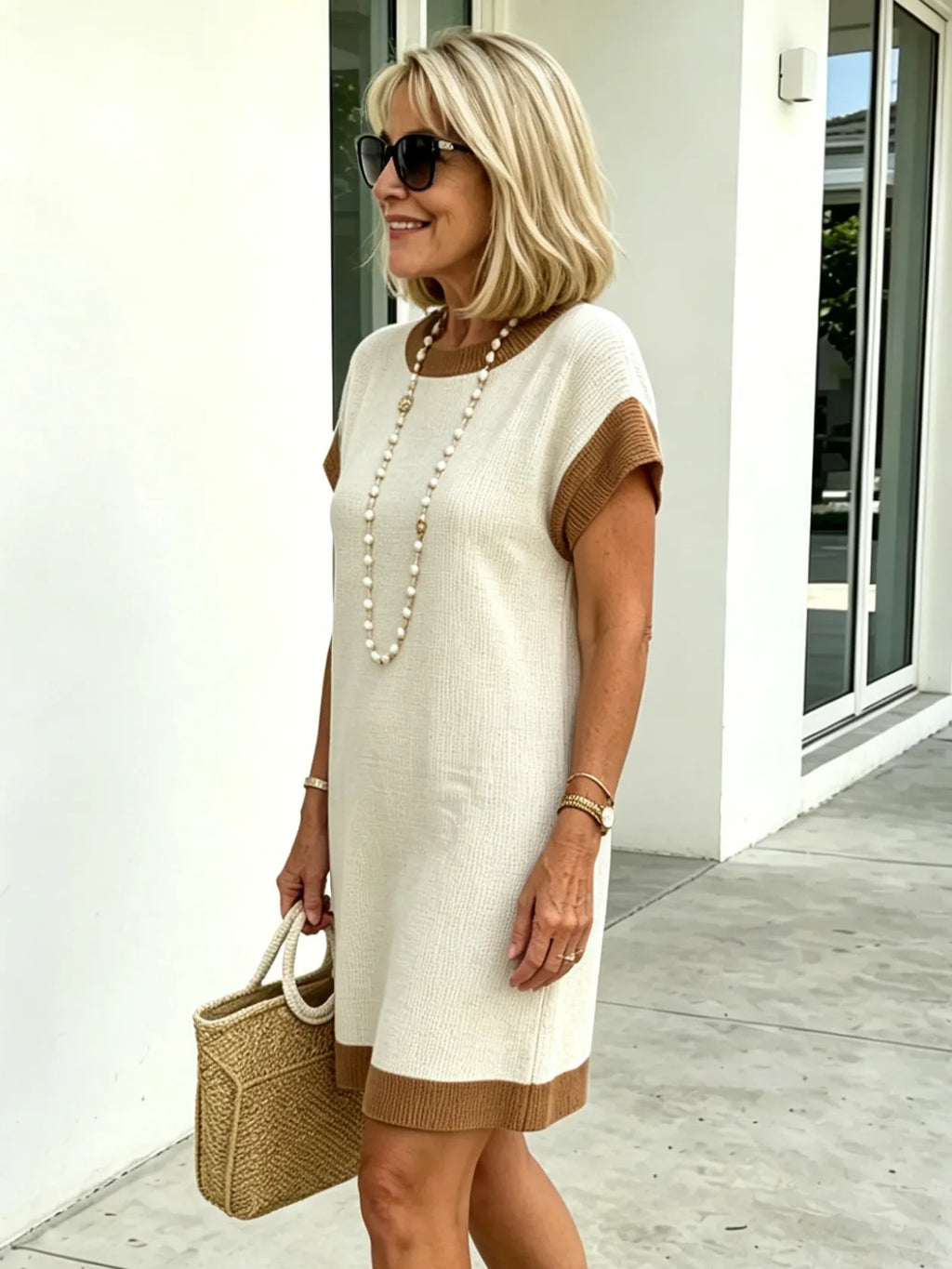 Textured Fabric Casual Contrast Twist Strip Short Sleeve Pocket Dress