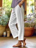 Cotton and Linen Loose Solid Color Elastic Waist Pocket Straight Casual Pants