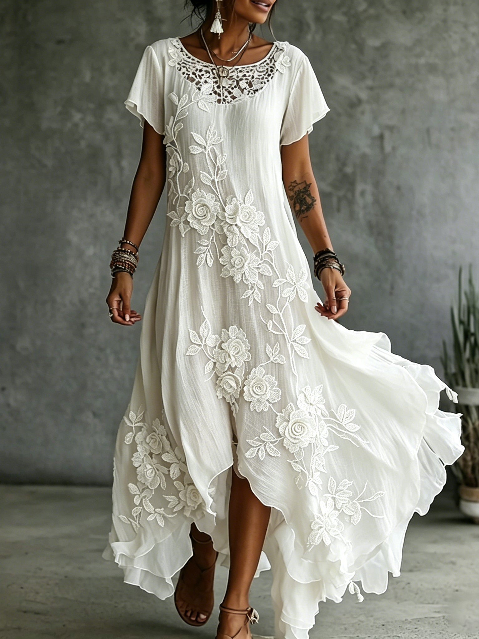 Vintage White Rose Floral Art V Neck Linen Maxi Dress