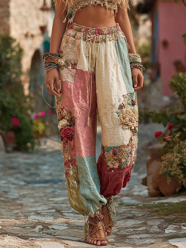 Women's Retro Colorful Rose Stitching Casual Pants