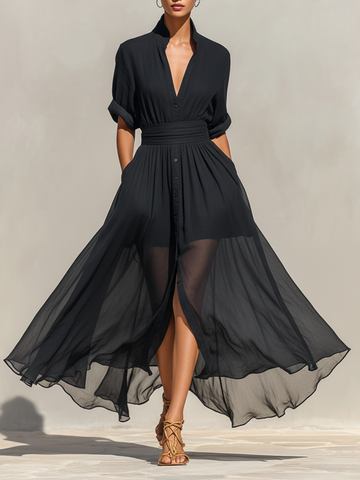 Women's Black Flowy Rayon Dress With Sheer Overlay & Elasticated Waist, Modern Sophisticated-Resort Style Dress MDZ1863C5I