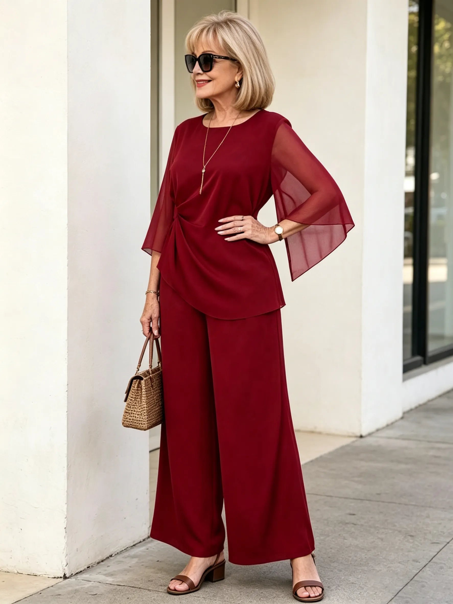 2Pcs Light Blue Chiffon 2 Piece Outfit, Irregular Twist Flare Sleeve Top & Wide Leg Pants Set for Mature Women