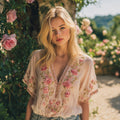 Vintage Floral Embroidery Art Linen Blend T-shirt