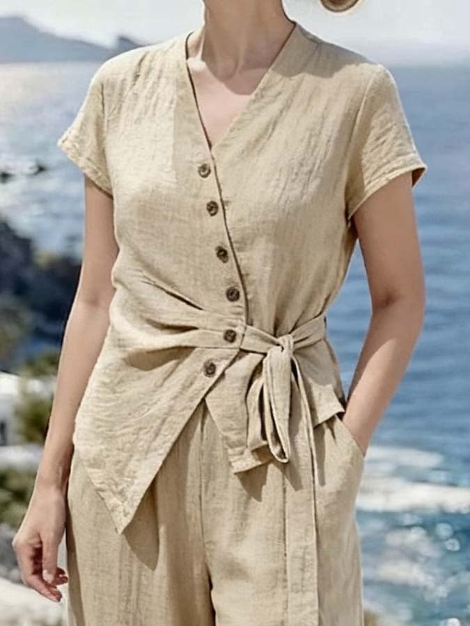 Women'S Casual Solid-Color Shirt And Button-Up Pants Set