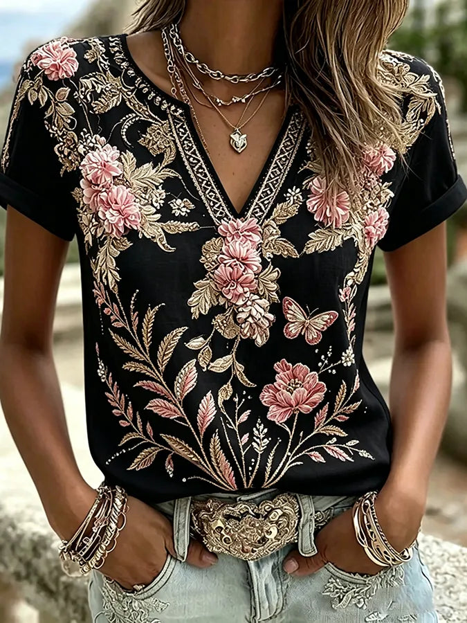 Women's floral print casual cotton and linen short sleeved shirt