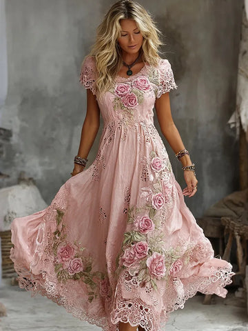 Women's Vintage Rose Floral Art Embroidery Casual Maxi Dress
