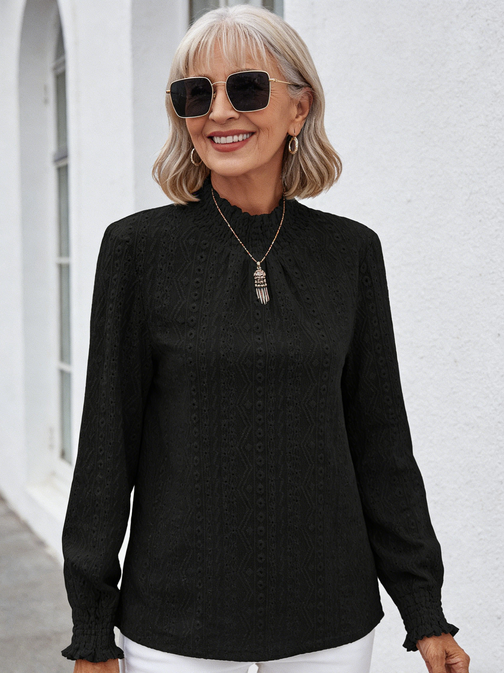 Textured Fabric Jacquard Crew Neck Long Sleeve Top T-Shirt