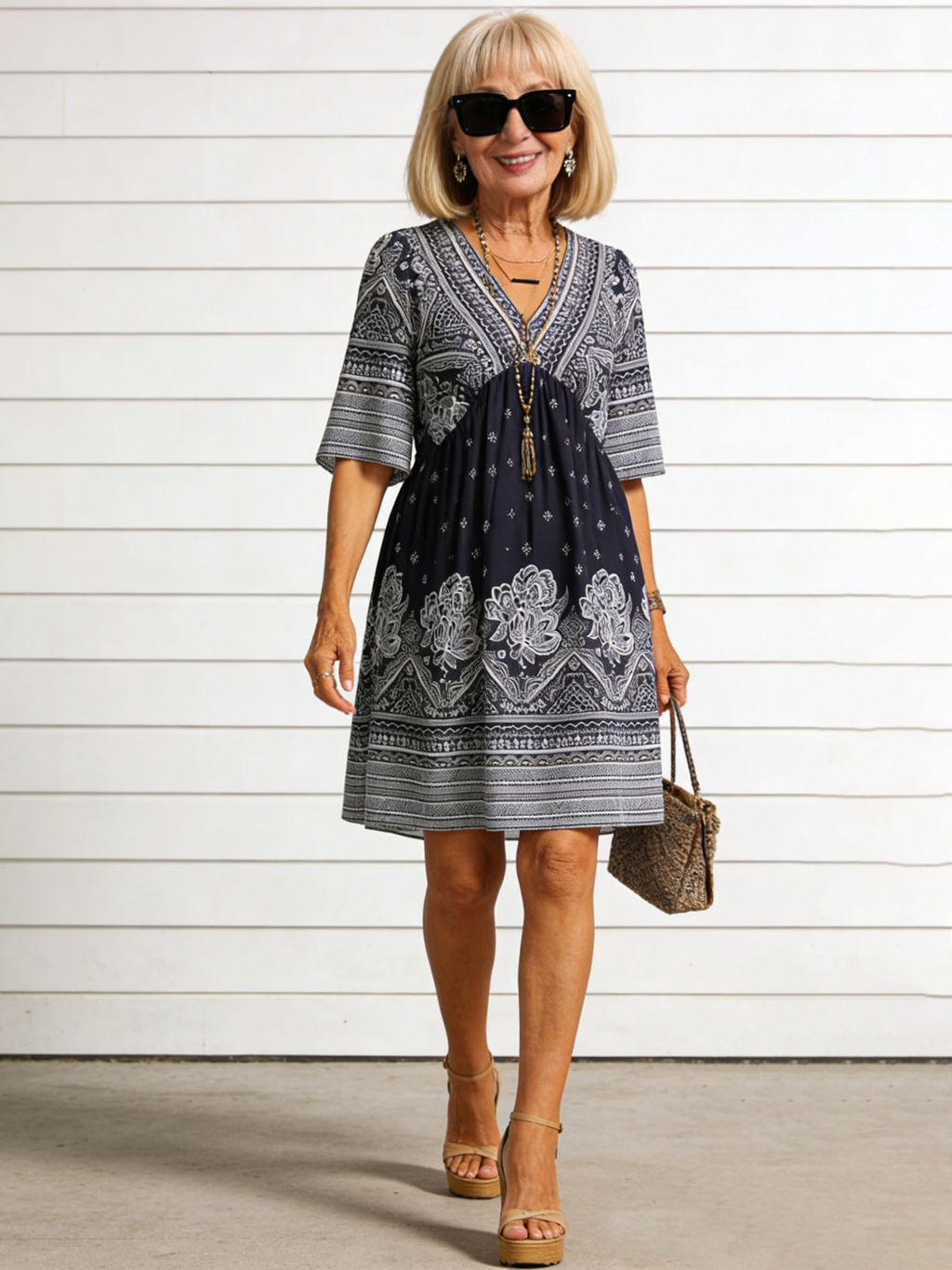 Vacation Deep V Print Casual Ethnic Style Dress