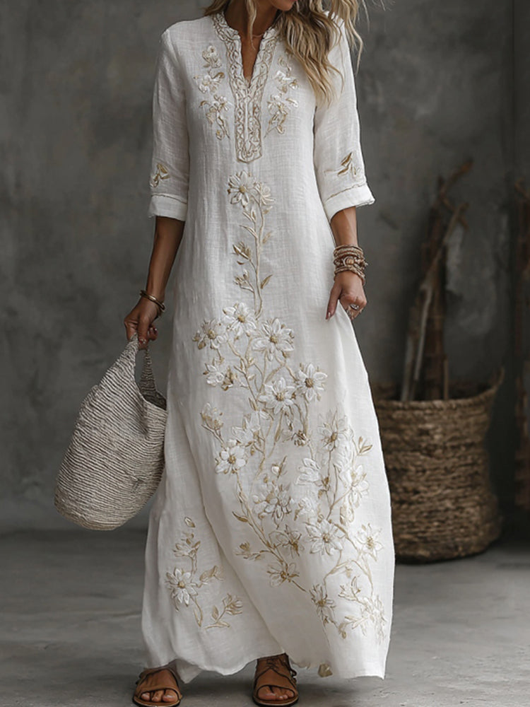 Japanese Floral Art Embroidered Casual Linen V Neck Maxi Dress