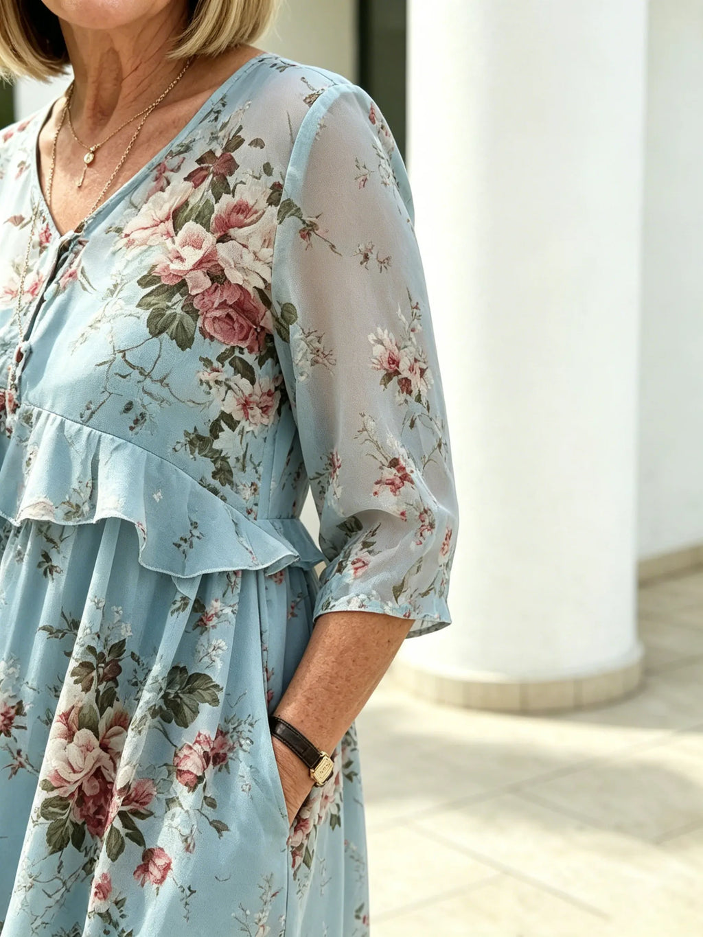Blush Pink Floral Chiffon Maxi Dress, Round Neck Short Sleeve Loose Tummy Concealing Age-Reducing Dress for Mature Women