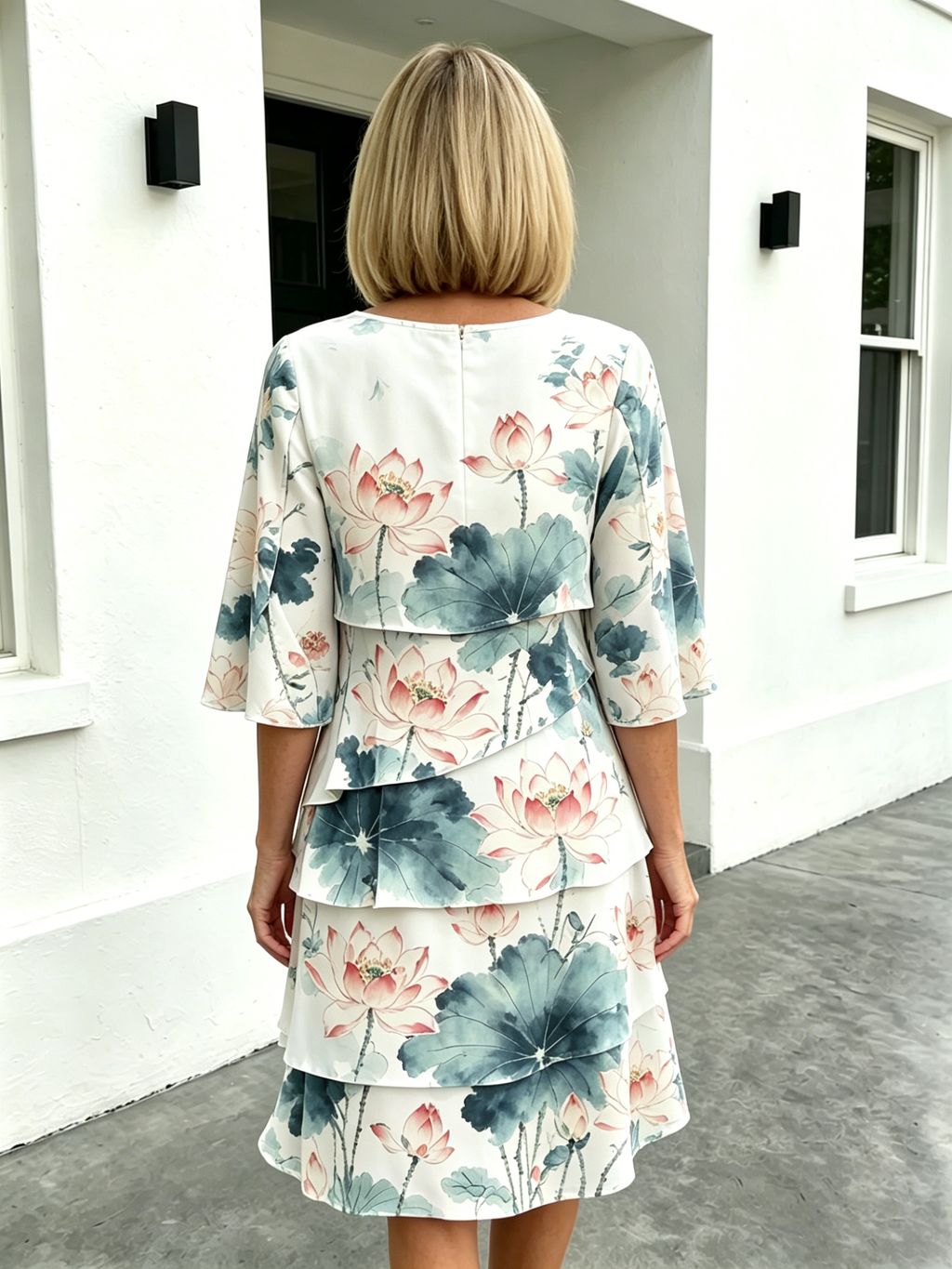 Chiffon Lotus Vacation Prints Color Round Neck Cake Skirt Splicing Dress Mid-length