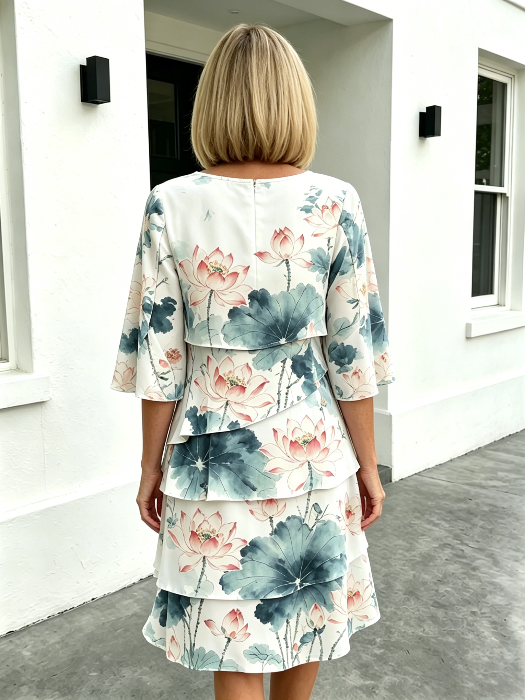 Chiffon Lotus Vacation Prints Color Round Neck Cake Skirt Splicing Dress Mid-length