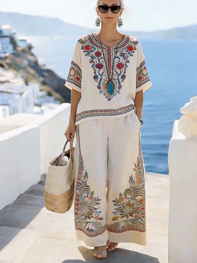 Women'S Casual Printed Cotton And Linen Two-Piece Set