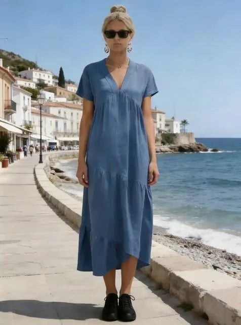 Women's V-Neck Pleated Loose-Fitting Dress