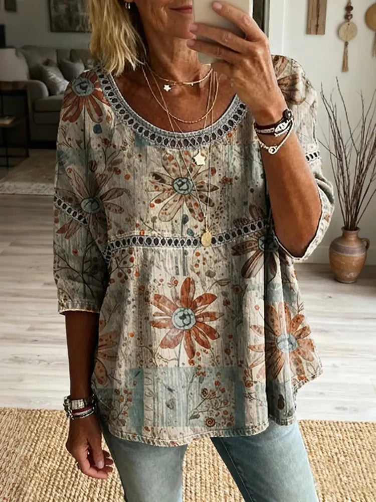 Women's Bohemian Vintage Floral Art Print Flowy Linen Blend Casual Tops