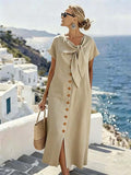 Women'S Casual Solid Color Button-Down Dress With Side Slit