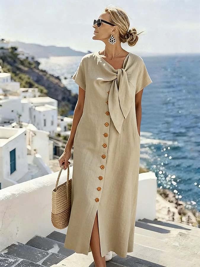 Women'S Casual Solid Color Button-Down Dress With Side Slit