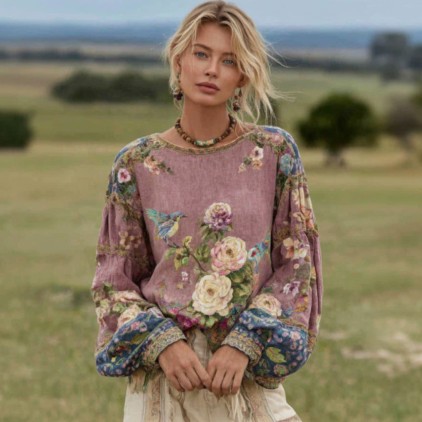 Women's Bohemian Floral And Bird Pattern Linen Crew Neck T-shirt
