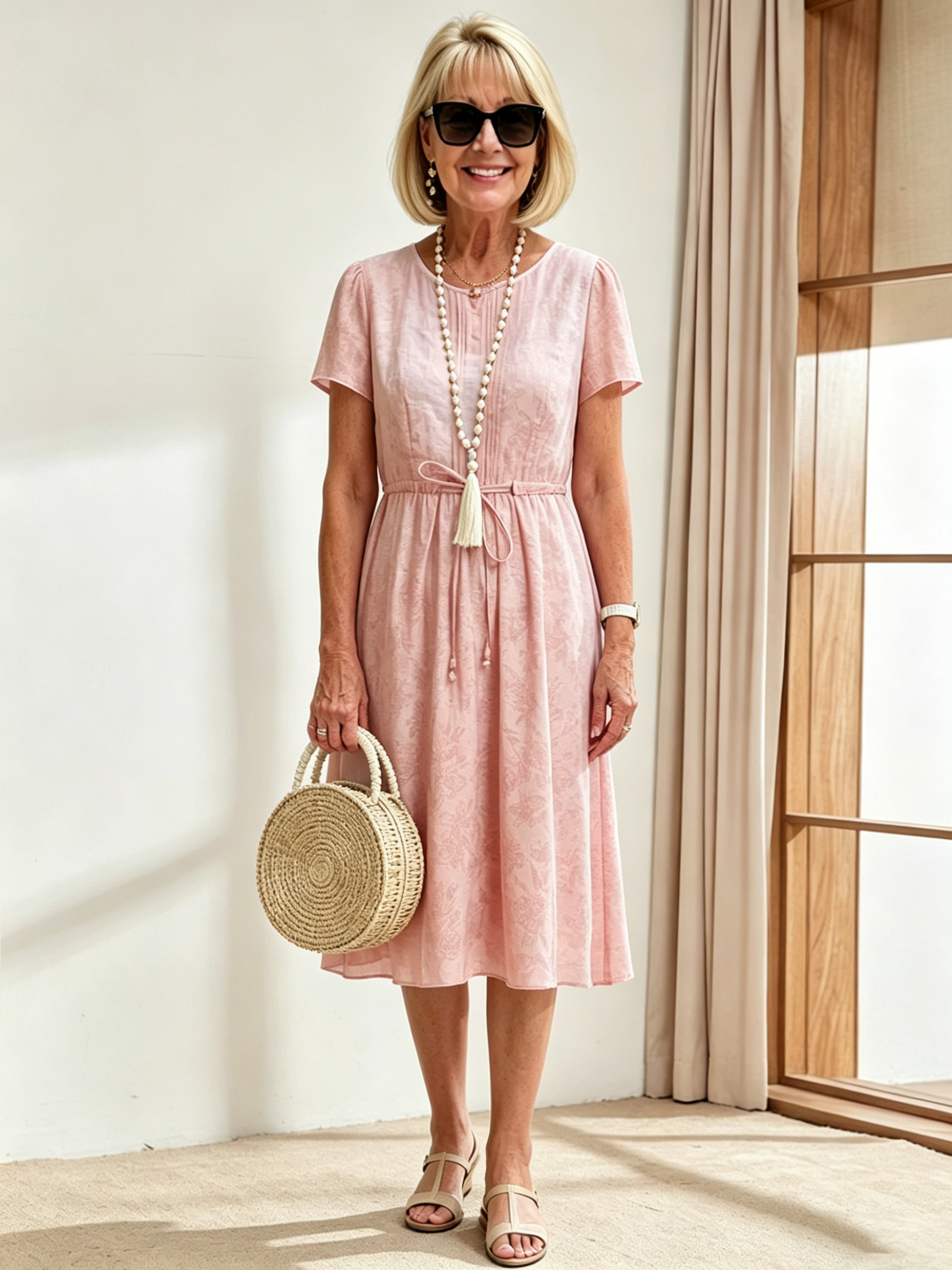 Blush Pink Drawstring Waist Midi Dress, Round Neck Short Sleeve Loose Plus Size Tummy Concealing Summer Dress for Mature Women