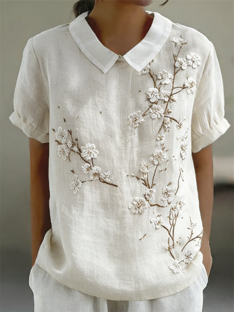 Almond Blossom Japanese Art Peter Pan Collar Linen Shirt
