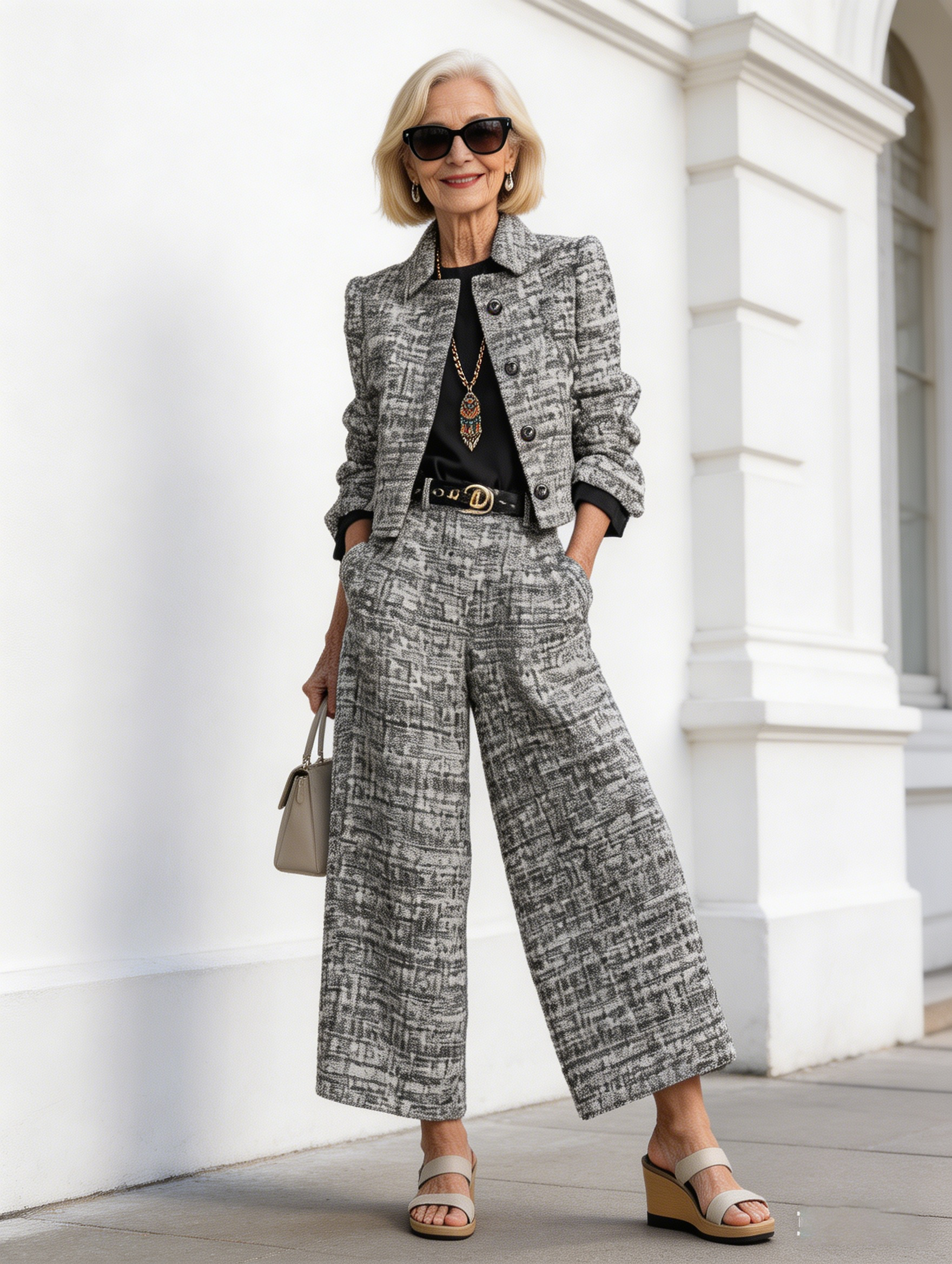 2Pcs Lapel Slim Women's Style Long-sleeved Short Jacket with Wide Leg Pants Set