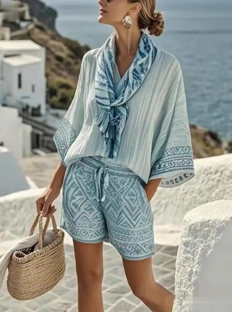 Women'S Casual Cotton And Linen Holiday Pattern Print Loose Top Shorts Scarf Set