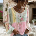 Women's Retro Floral Patchwork Art Embroidery Comfortable Cotton Linen Short Sleeve Top