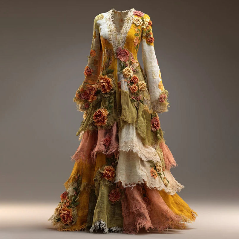 Women's Bohemian Color-blocked Floral V-neck Long Sleeve Midi Dress