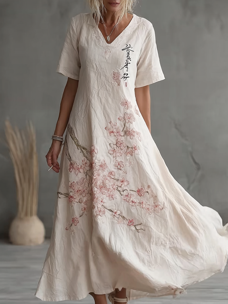 Sakura Embroidery Pattern Casual Linen Dress