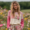 Women's Patchwork Lace Embroidered Flowers Contrasting T-shirt