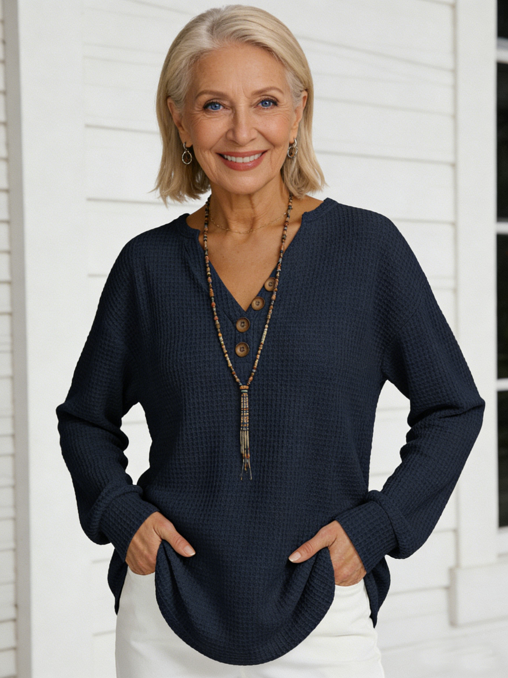Fashion Casual V-Neck Button Waffle Long Sleeve Sweatshirt Top