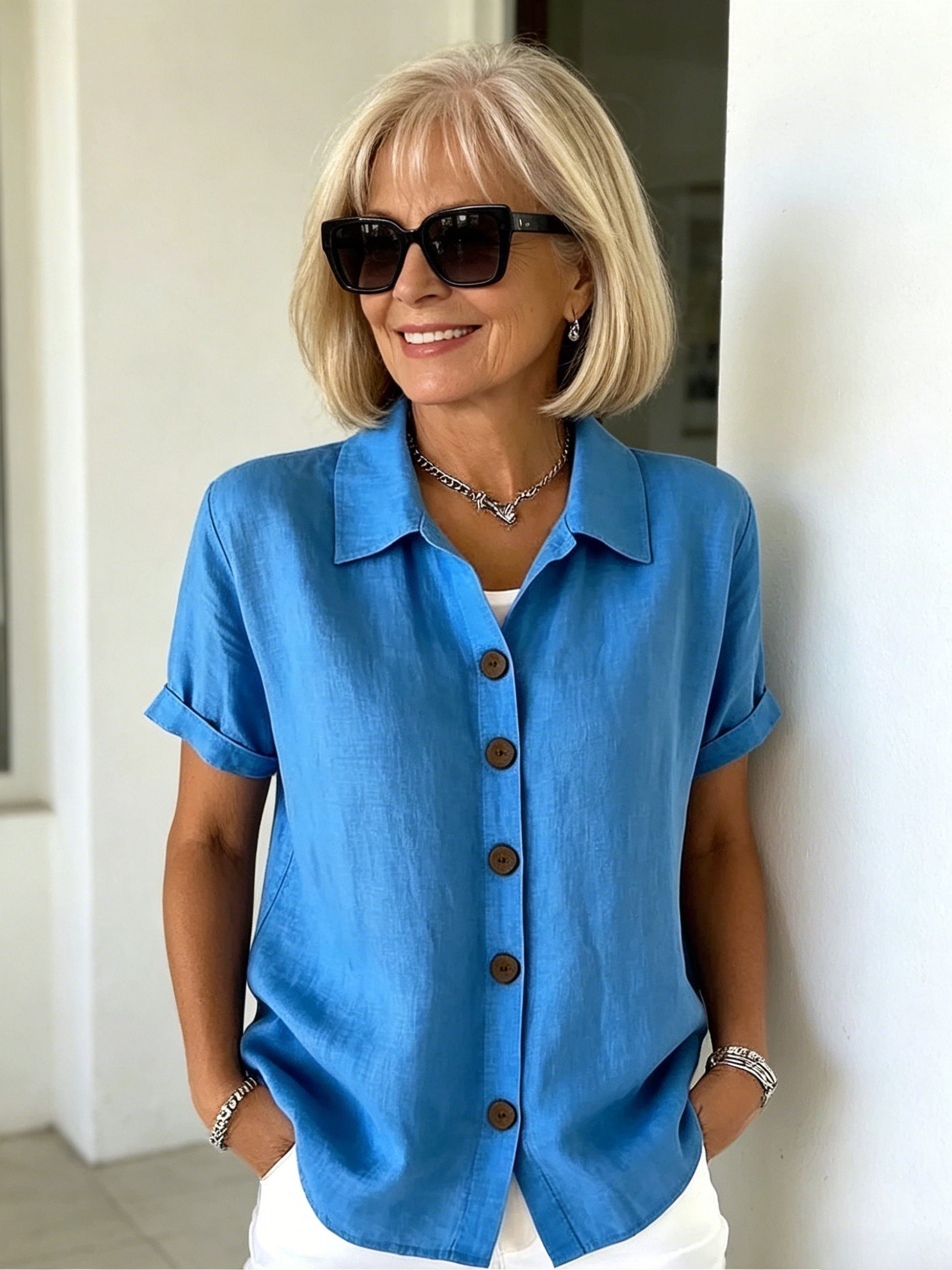 Casual Comfortable Button Cotton and Linen Women's Short Sleeve Shirt
