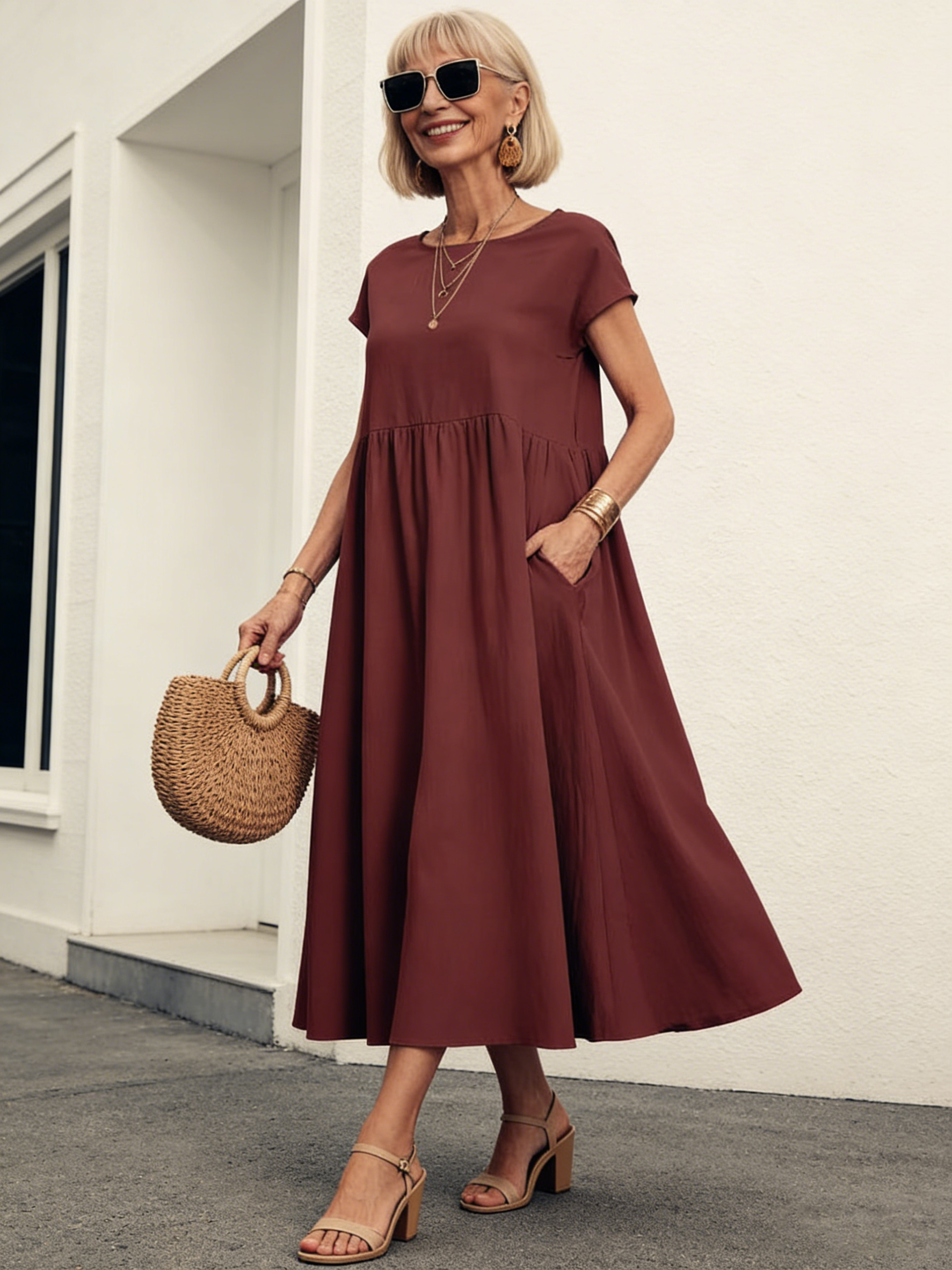 Solid Color Linen Round Neck Fitted Dress
