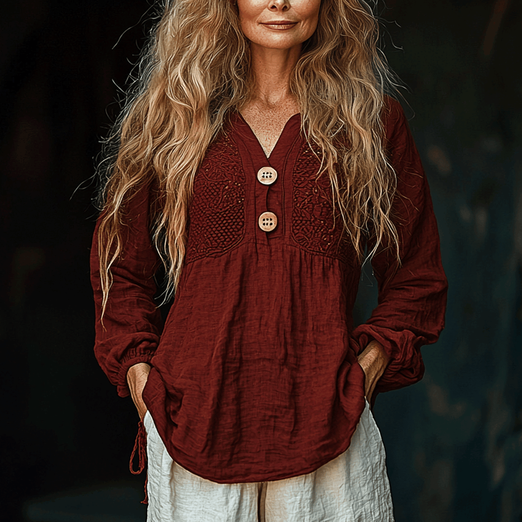 Women's Spring & Summer Bohemian V-neck Casual Loose Linen Shirt