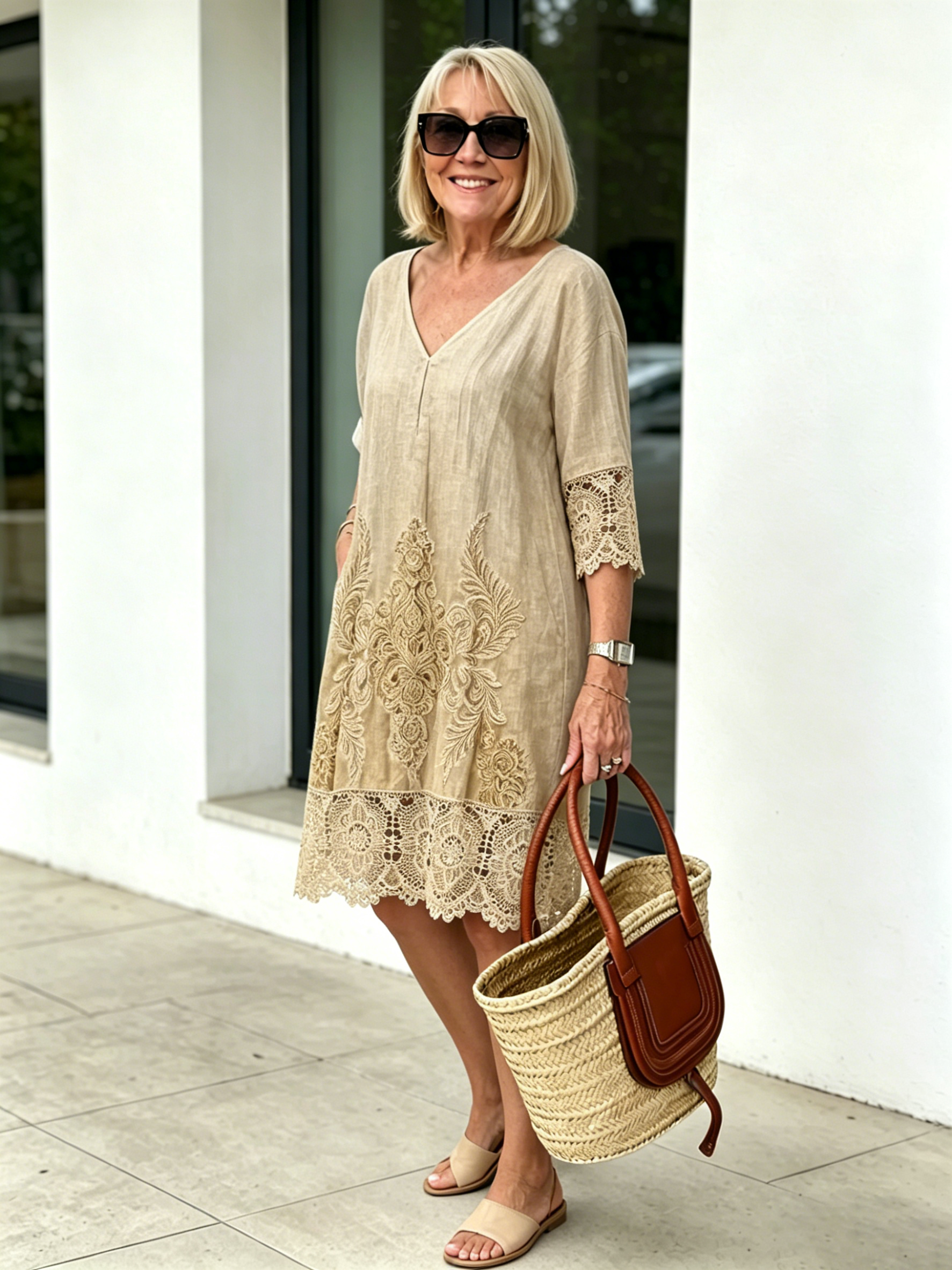 V-neck A-shaped Skirt Solid Color Lace Dress  Five-quarter Sleeve