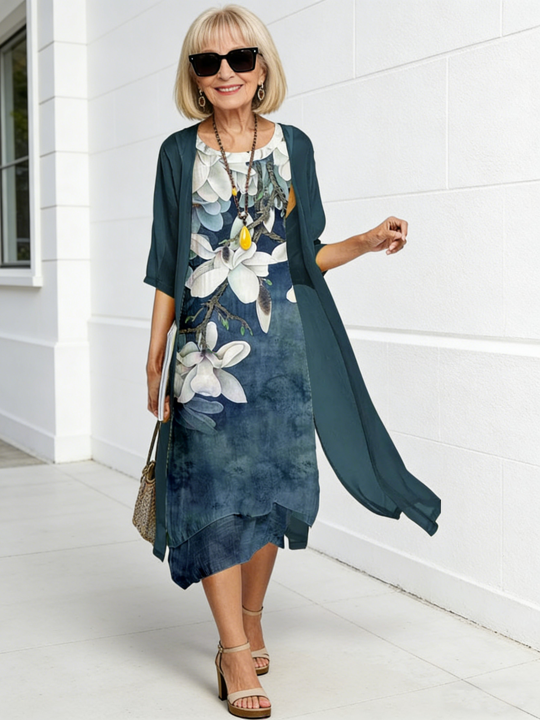 Casual Dress Two-piece Printed Round Neck Slim Dress Women