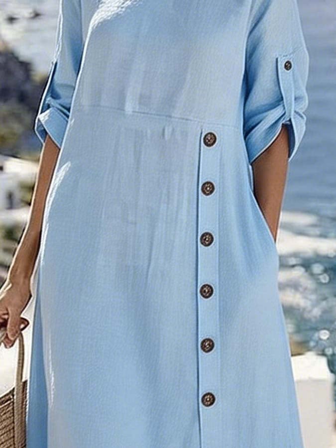 Women'S Casual Solid Color Button-Down Dress With Side Slit