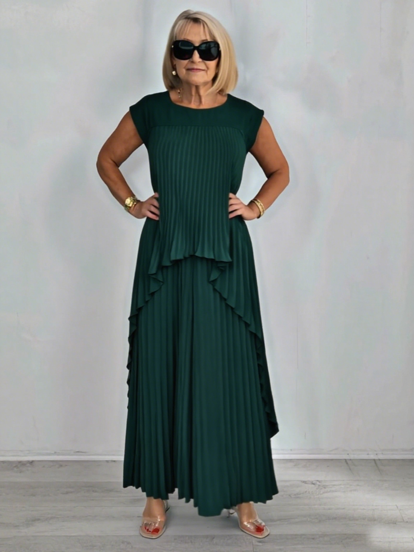 2Pcs Crew Neck Solid Color Sleeve Top Pleated Straight Pants Set Two-piece Set