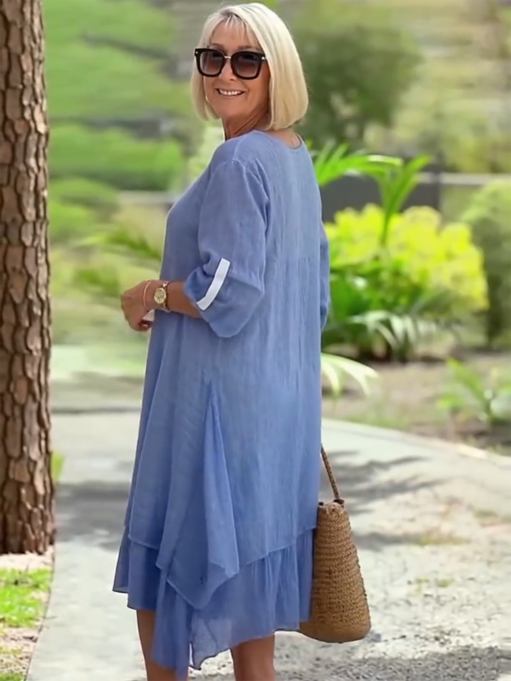Casual Round Neck Long sleeved Double layered Elegant Solid Color Dress