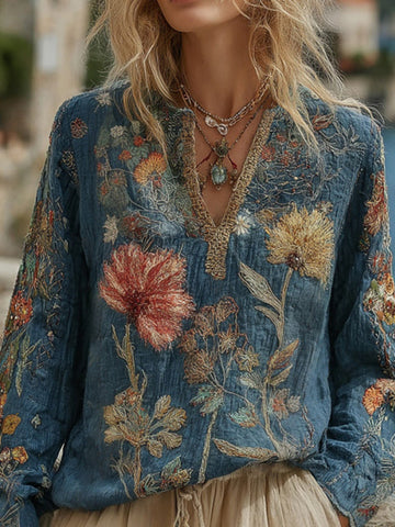 Women's Floral Embroidery Linen V-neck T-shirt