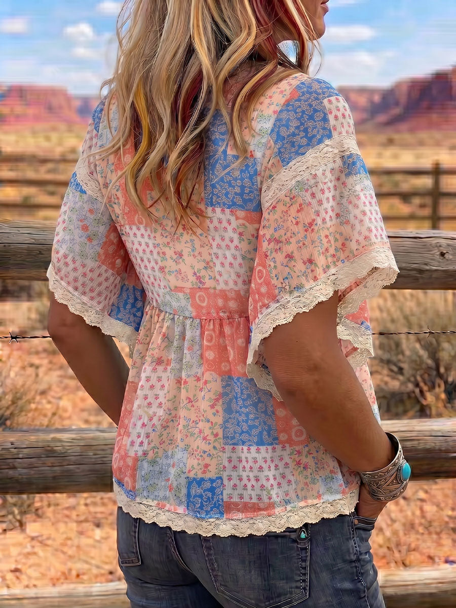 Vintage Art Patchwork Lace Comfortable Summer Fabrics Casual Shirt