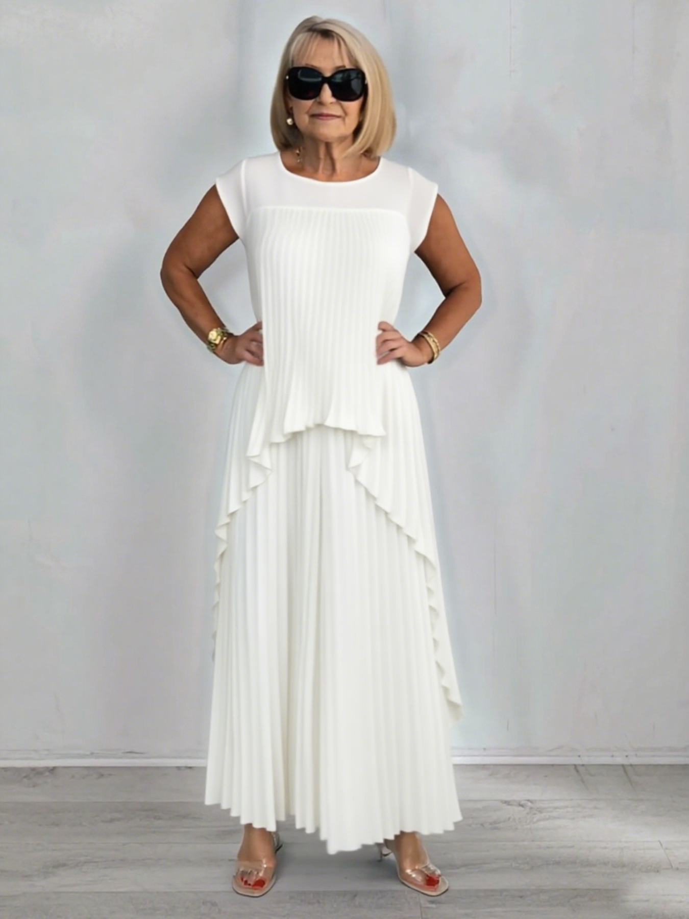 2Pcs Crew Neck Solid Color Sleeve Top Pleated Straight Pants Set Two-piece Set