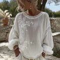 Women's Japanese Sakura Print Crew Neck Linen Blend Long Sleeve T-shirt