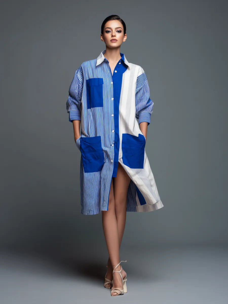 Women's Modern Minimalist Deconstructed-Style Blue And White Striped Patchwork Shirt Dress MDZ2069D9ZJW