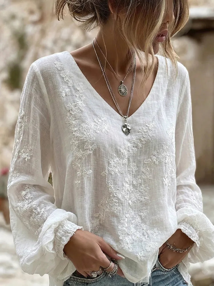 Women's Japanese Floral Art Print V Neck Long Sleeve T-shirt