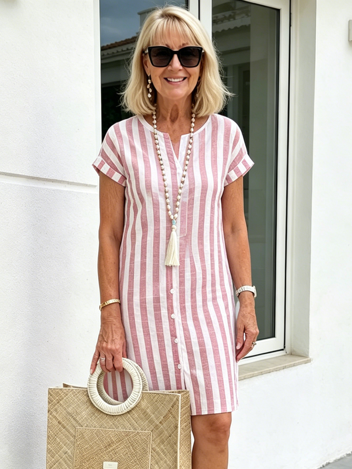 Breathable Cotton Dress Loose Casual Striped Shirt Dress