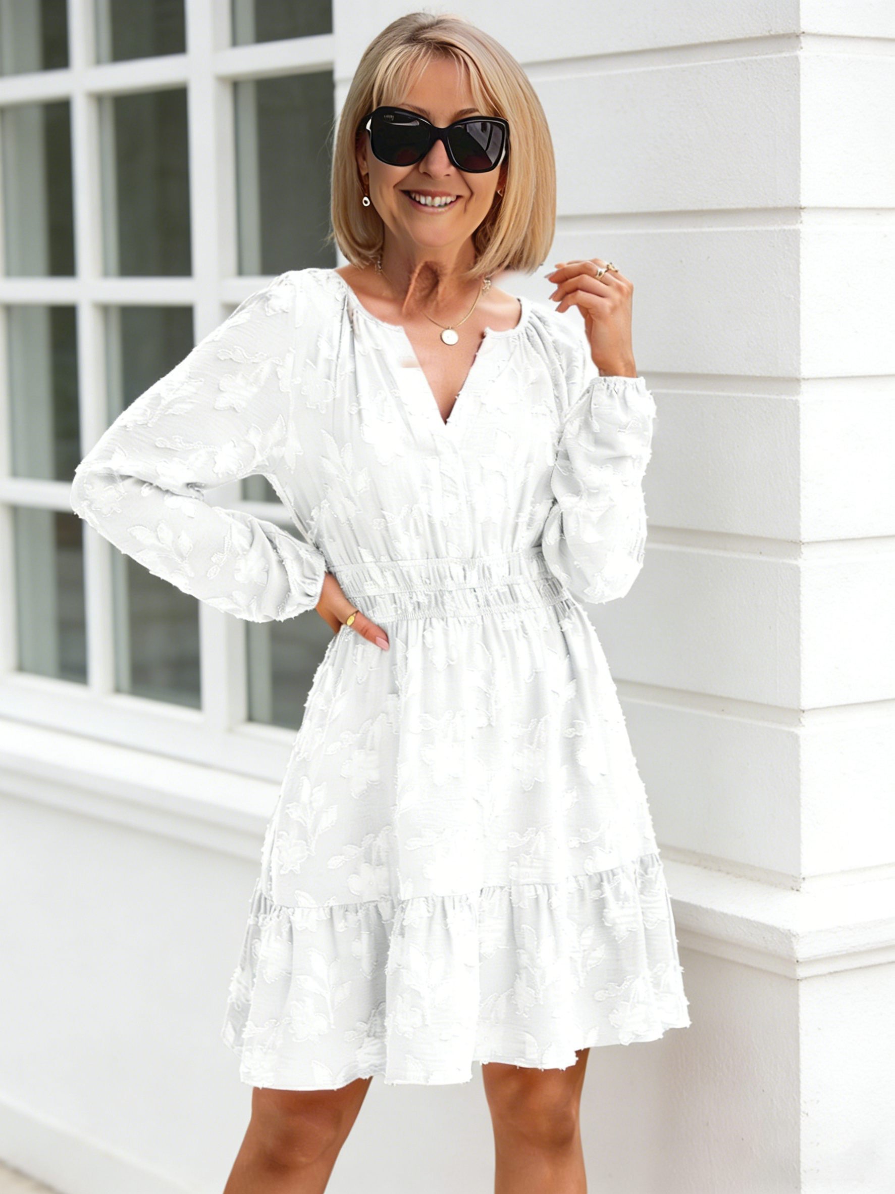 Jacquard V-neck Pullover Elastic Waist Pendulum Women's Long-sleeved Ruffle Edge Dress