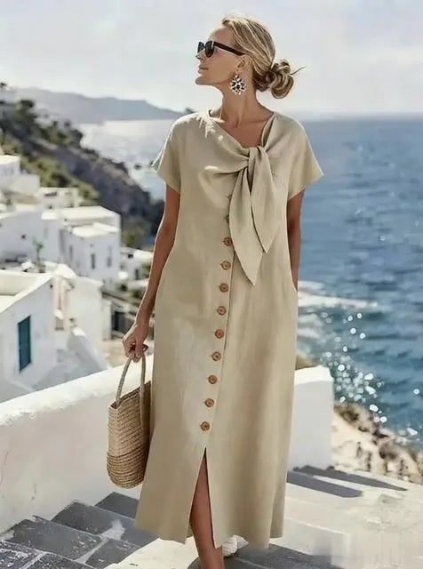 Women'S Casual Solid Color Button-Down Dress With Side Slit
