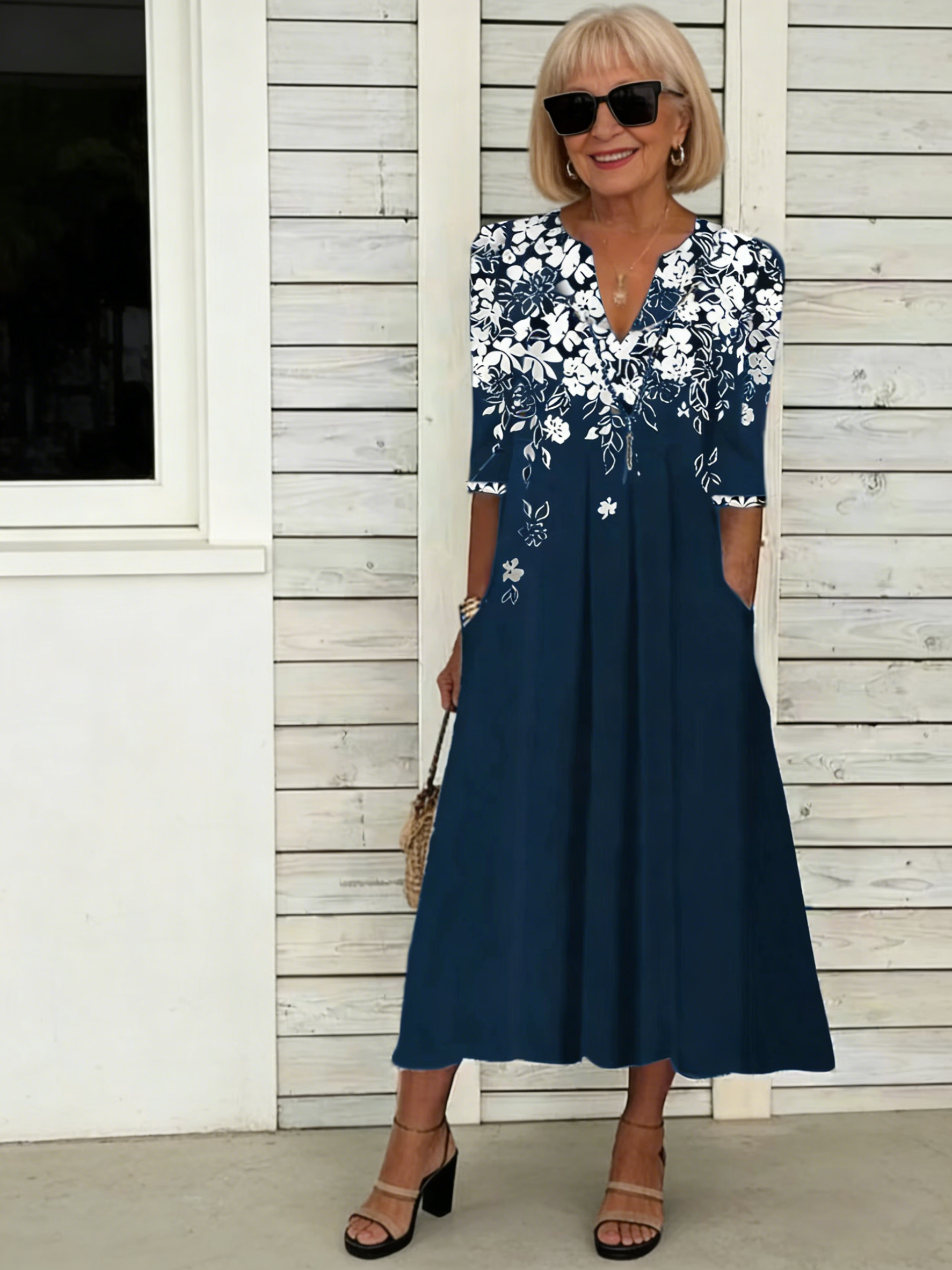 V-neck Pocket Bohemian Print Seven-quarter Sleeve Dress